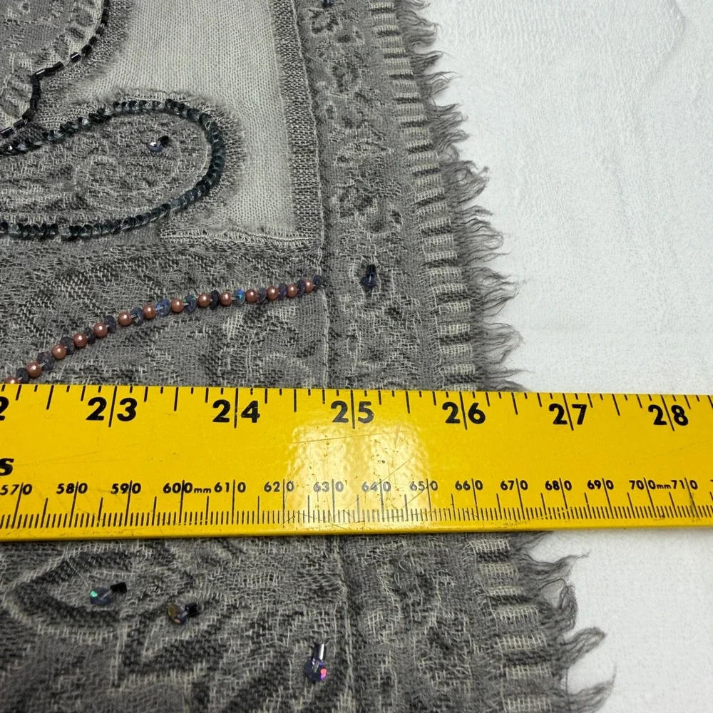 Devernois Paris Grey 100% Wool Beaded Sequin Scarf Tassel Trim Wrap 26x68